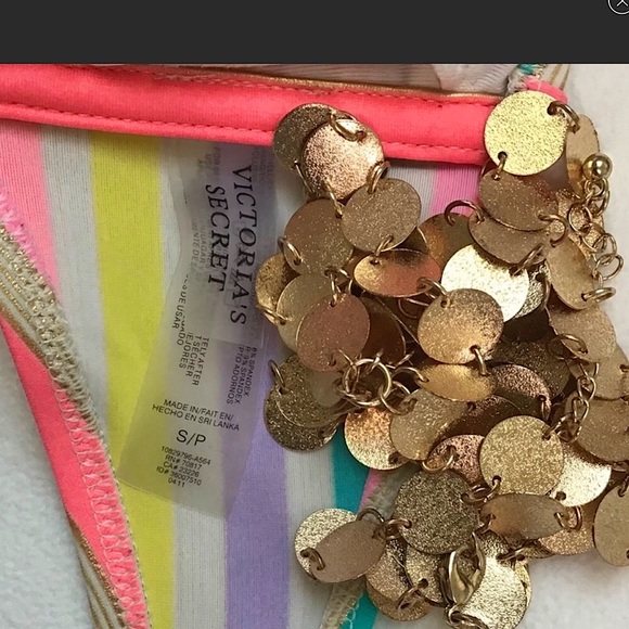 Victoria’s Secret Rainbow Gold Shimmer Stripe Bikini Top Size Small - Picture 8 of 9